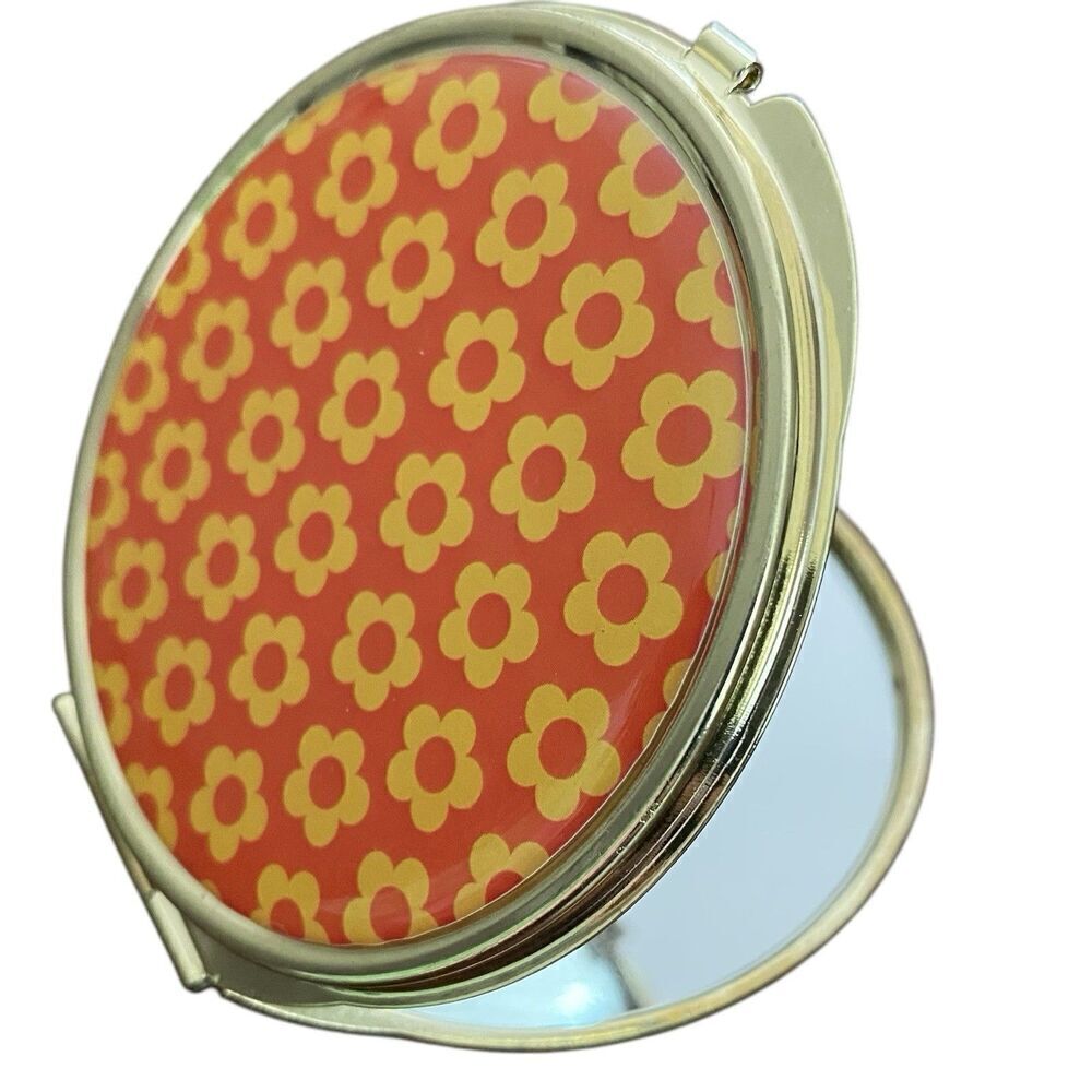 NEW Compact Magnifying Mirror Orange Floral Makeup Cosmetic Folding Portable